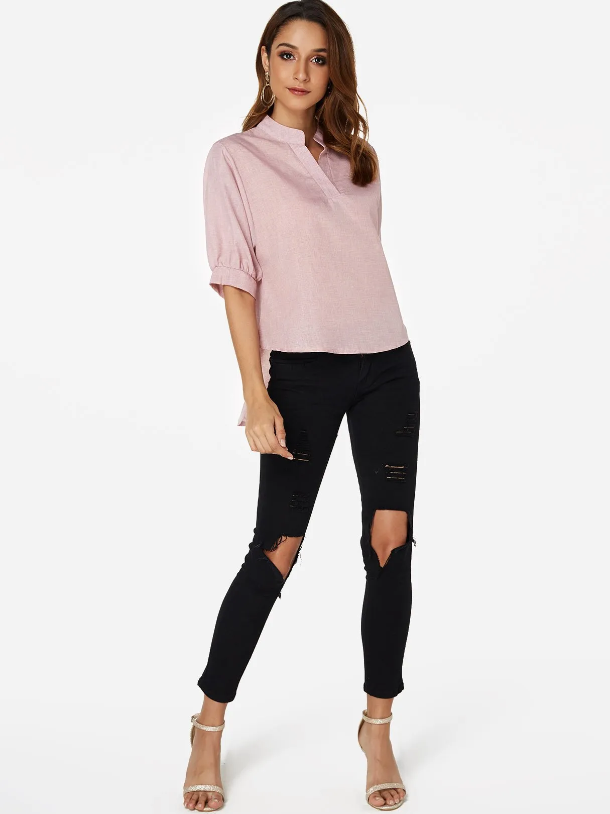 Custom V-Neck Plain Half Sleeve Irregular Hem Blouses