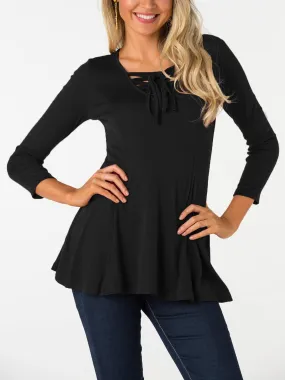 Custom V-Neck Plain Lace-Up Cut Out Long Sleeve Black Blouses