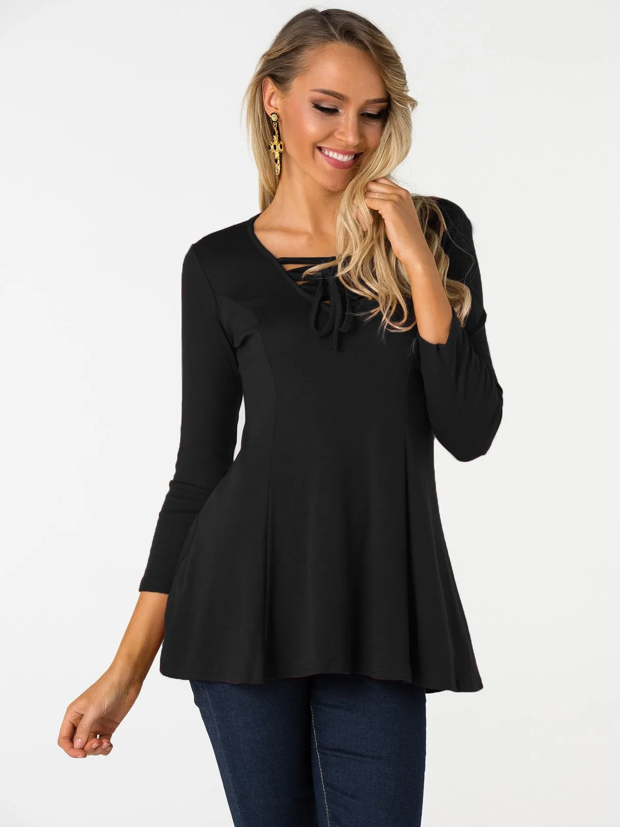 Custom V-Neck Plain Lace-Up Cut Out Long Sleeve Black Blouses