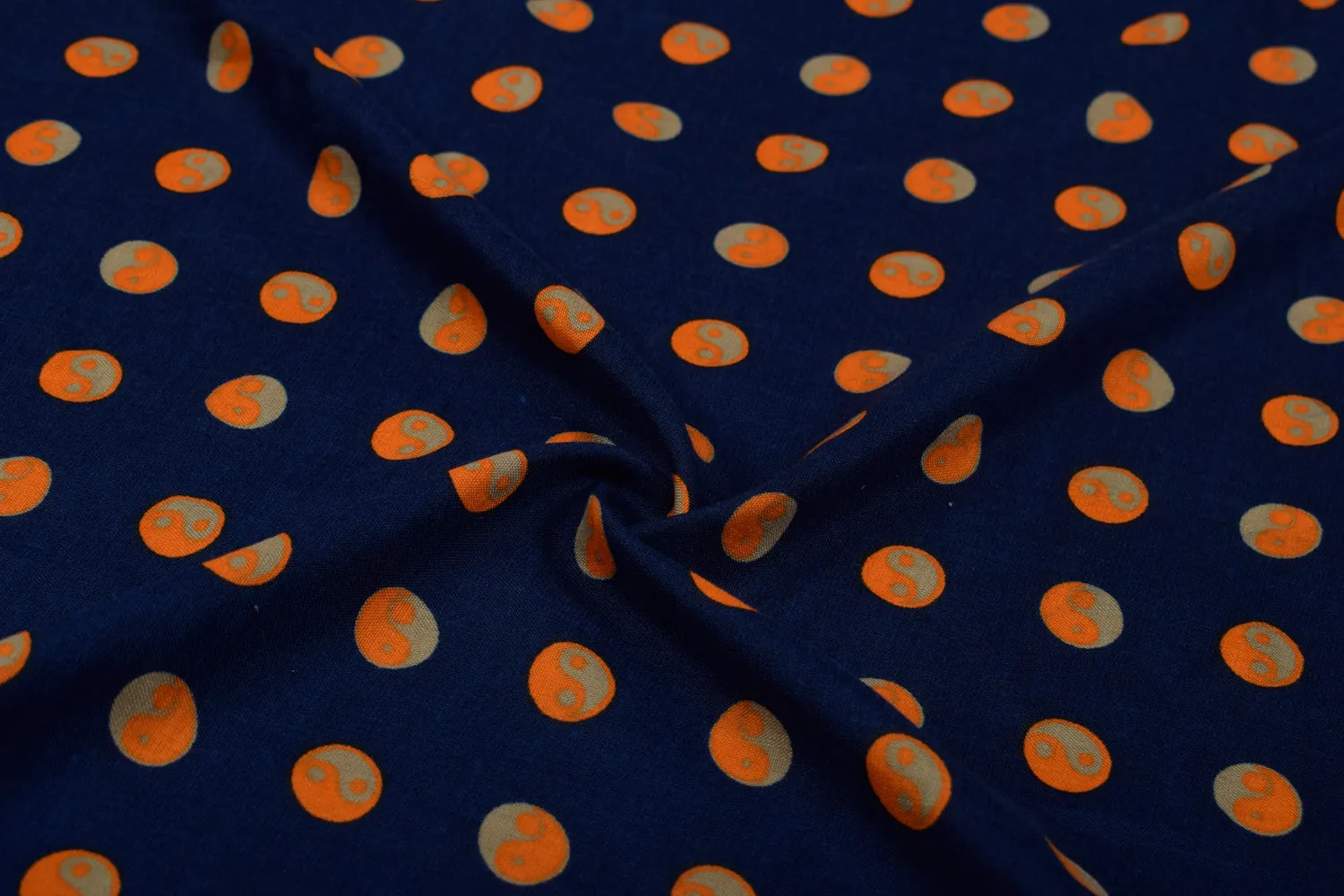 Dark Blue Polka Dots Printed Viscose Blend Fabric