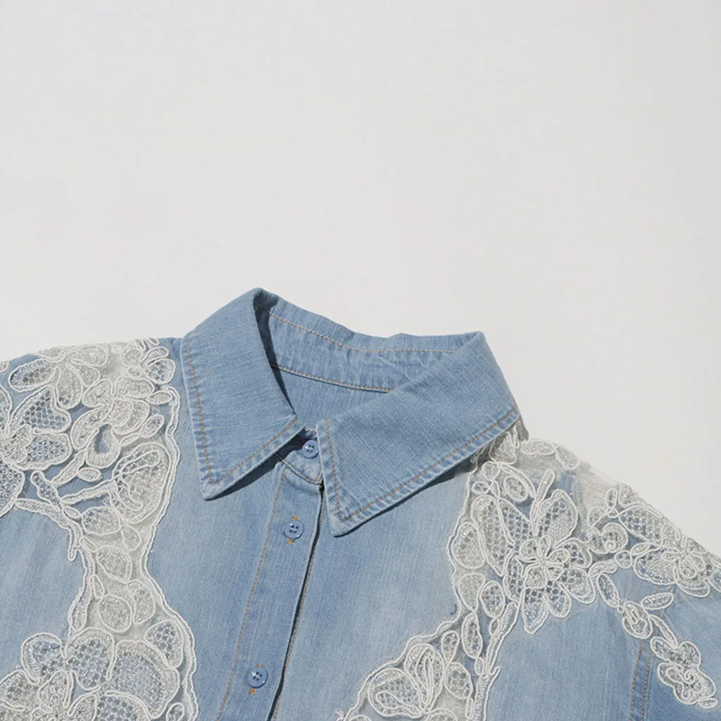 Exquisite Collared Button Up Embroidered Lace Floral Faded Denim Shirt