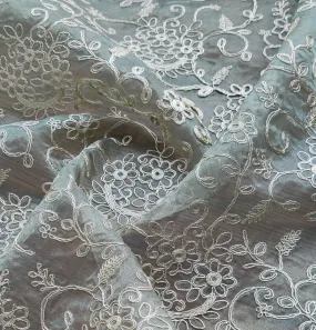 Green Floral Self Embroidered Organza Fabric