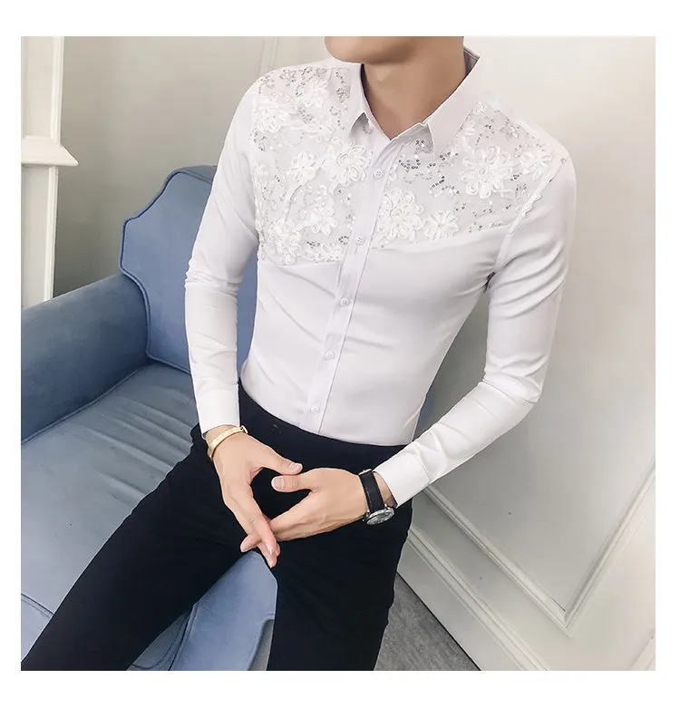 Lace Split Floral Patchwork Detail Men Slim Fit Shirt