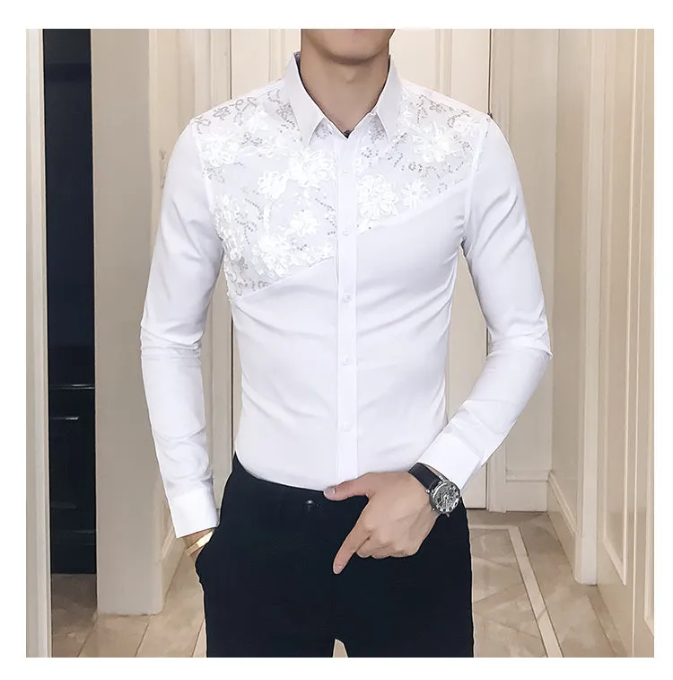 Lace Split Floral Patchwork Detail Men Slim Fit Shirt