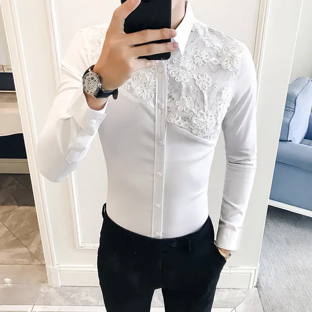 Lace Split Floral Patchwork Detail Men Slim Fit Shirt