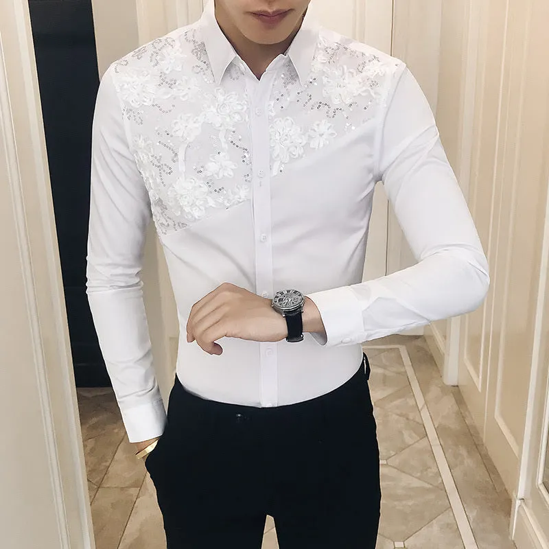 Lace Split Floral Patchwork Detail Men Slim Fit Shirt