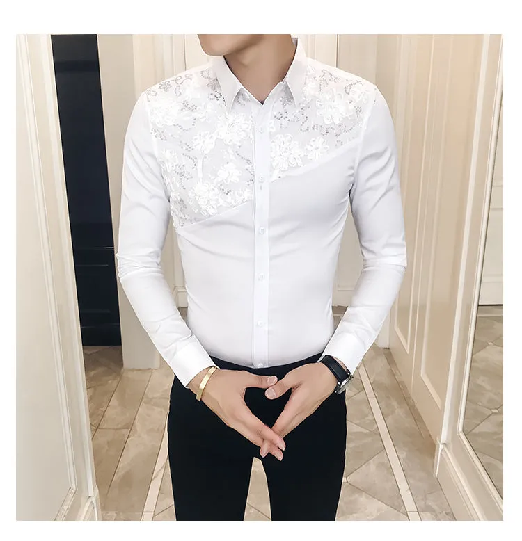 Lace Split Floral Patchwork Detail Men Slim Fit Shirt