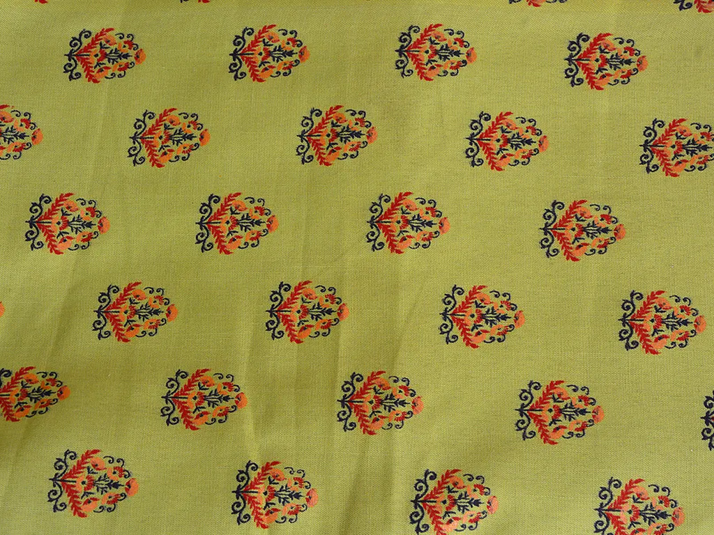 Light Green Motifs Digital Printed Slub Cotton Fabric