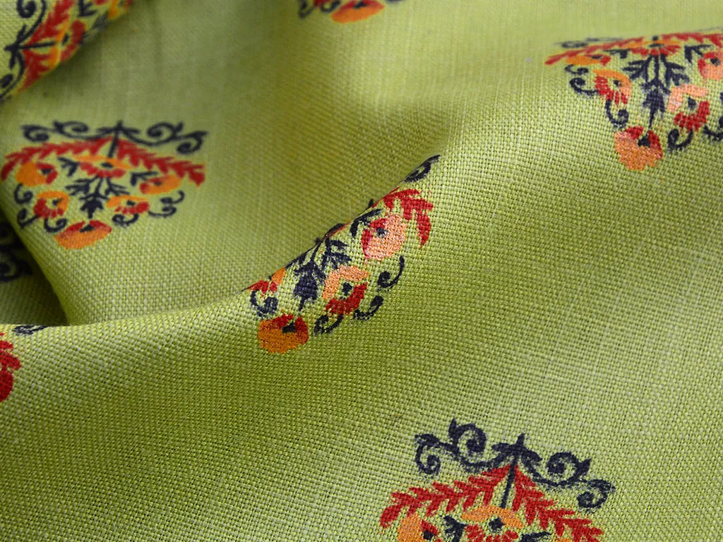 Light Green Motifs Digital Printed Slub Cotton Fabric