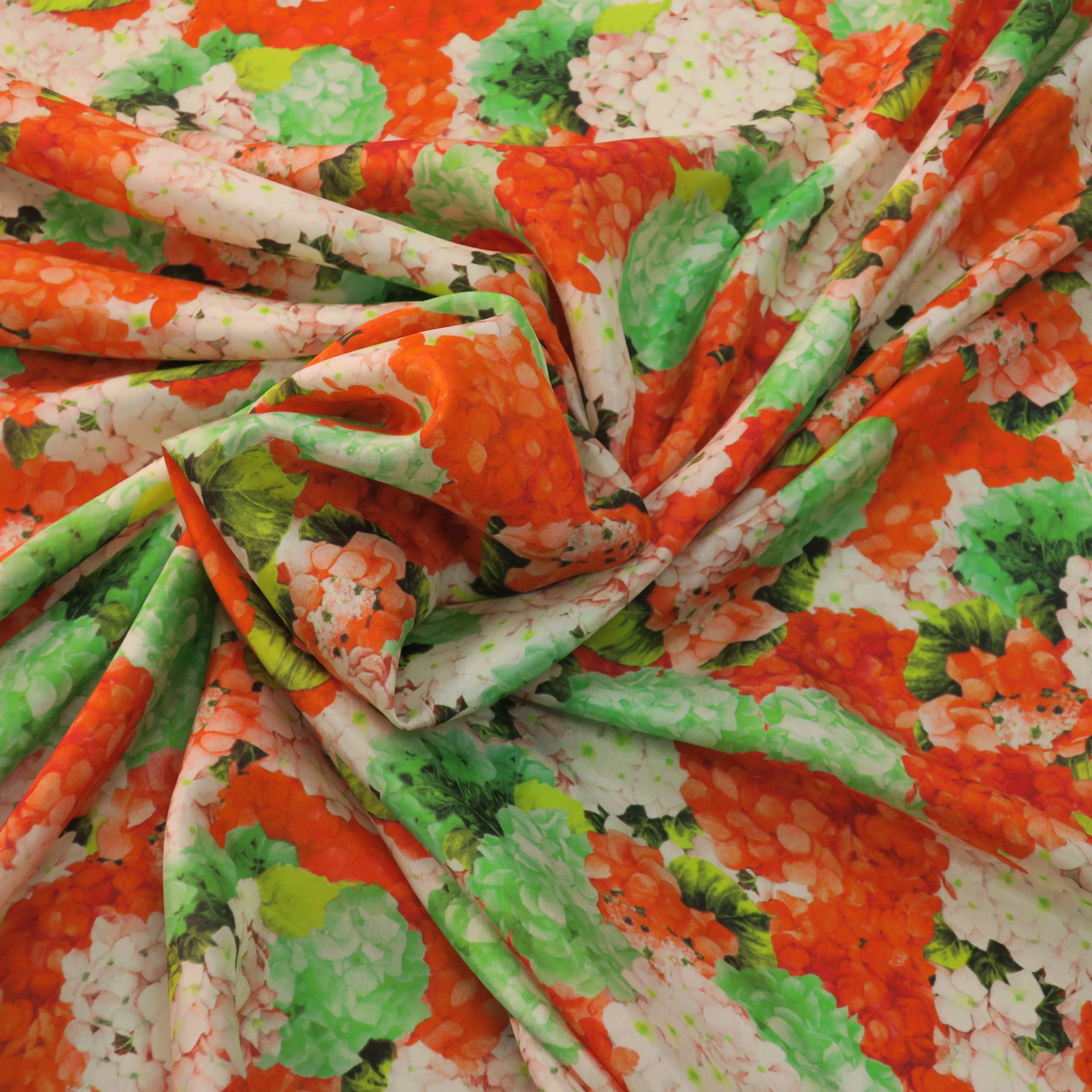 Light Green Orange and White Floral China Silk Fabric