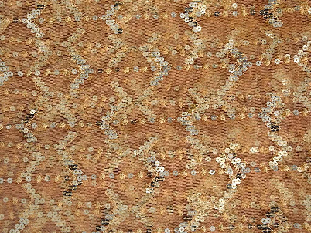 Light Peach Abstract Thread & Sequins Embroidered Net Fabric