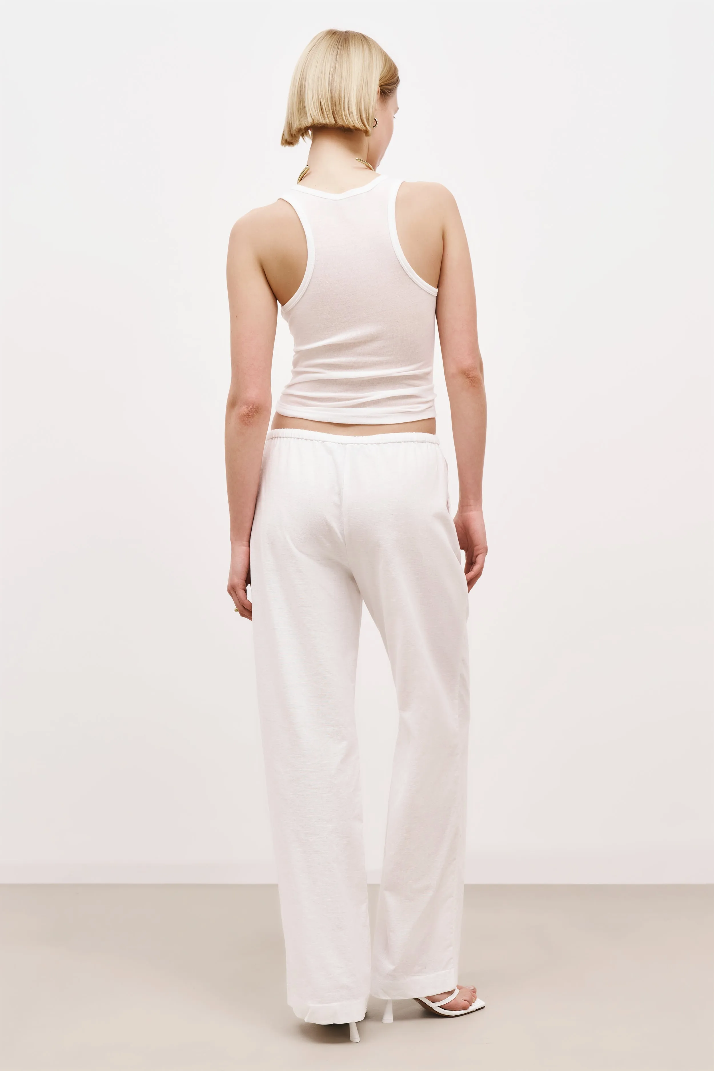 Linen Drawstring Wide Leg Trousers - White