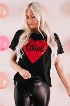 Love Heart Shaped Glitter Print T Shirt