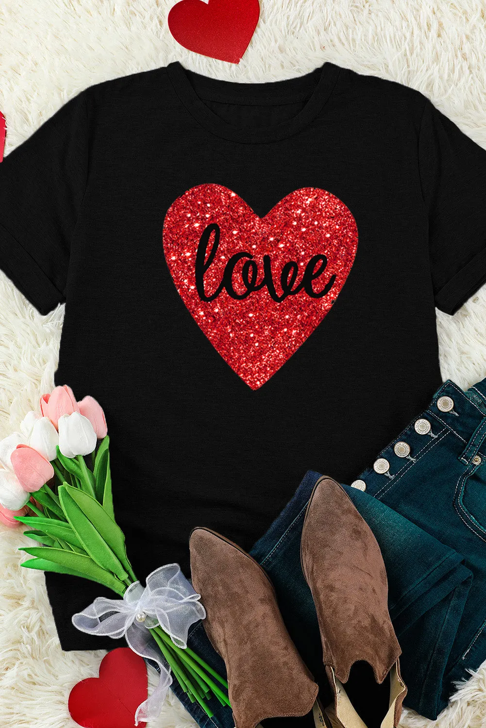 Love Heart Shaped Glitter Print T Shirt