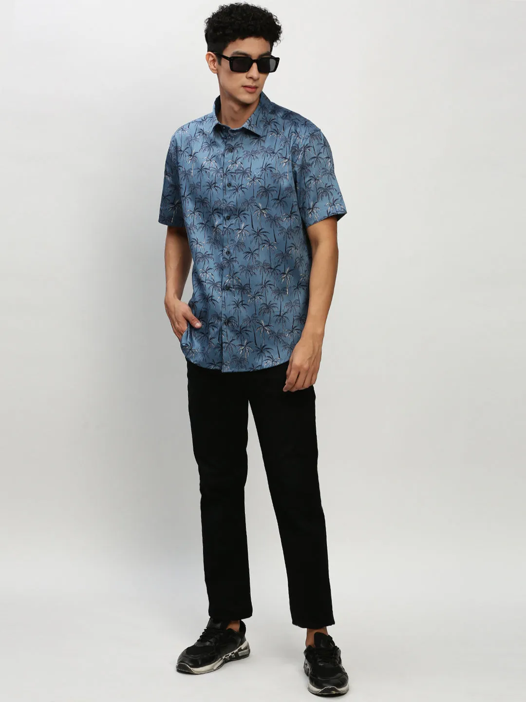 Men Blue Floral Casual Casual Shirts