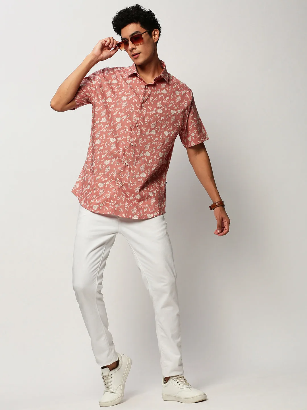 Men Peach Floral Casual Casual Shirts