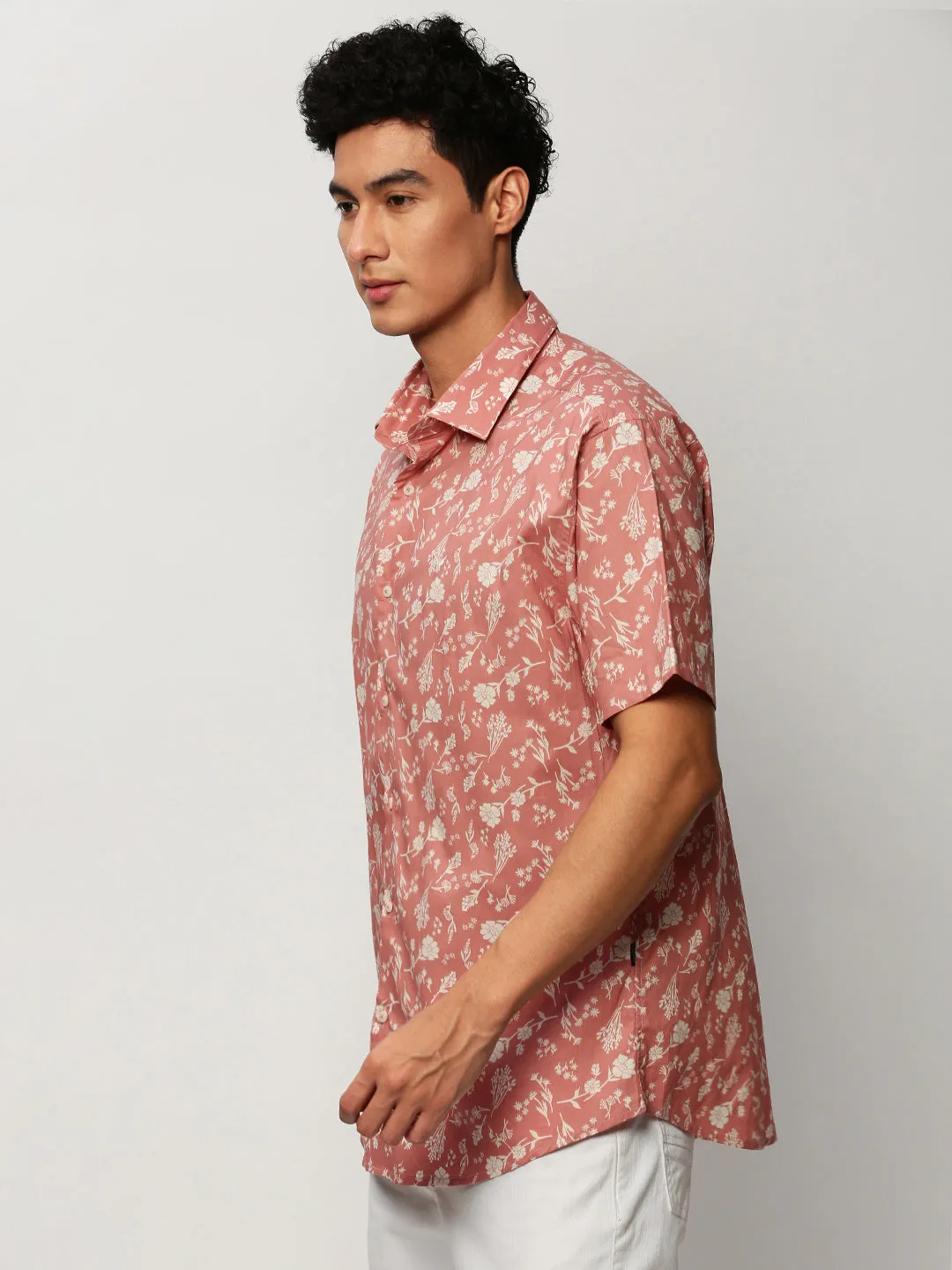 Men Peach Floral Casual Casual Shirts