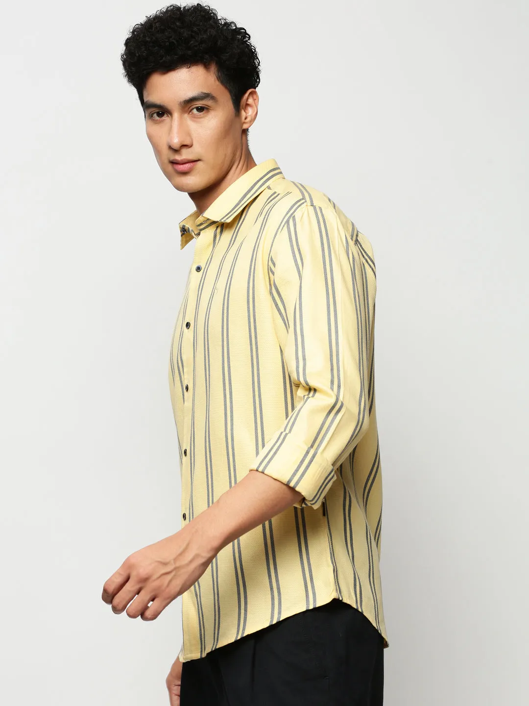 Men Yellow Striped Casual Casual Shirts