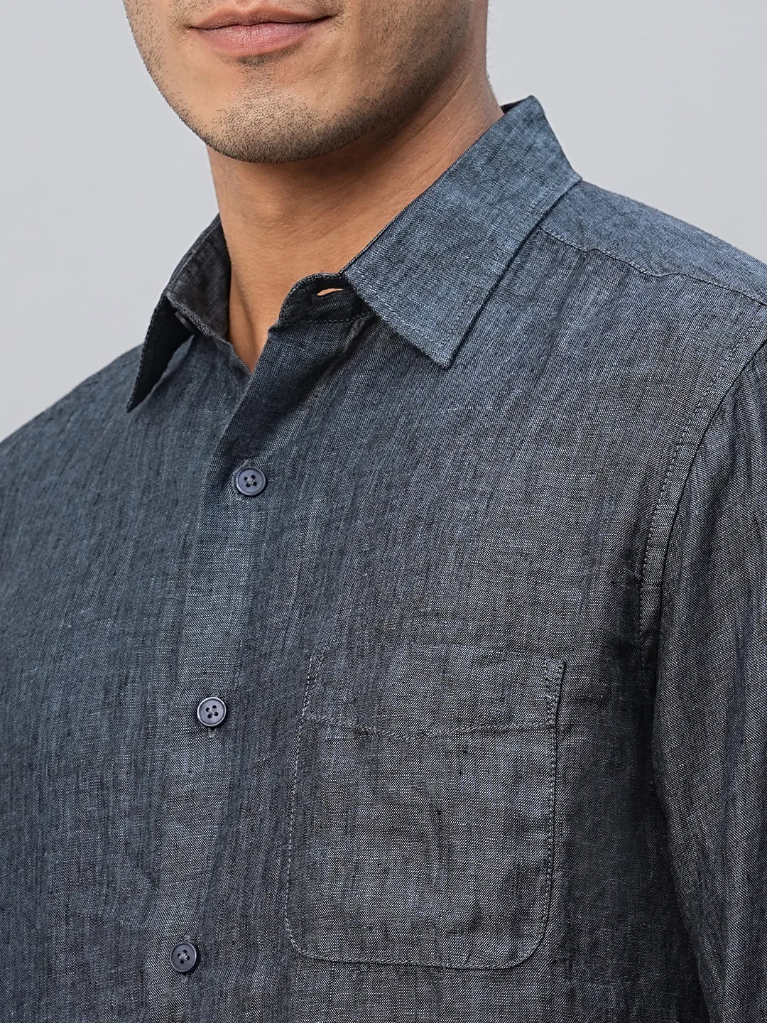 Men's 100% Linen Navy Regular Fit Long Sleeved Shirt