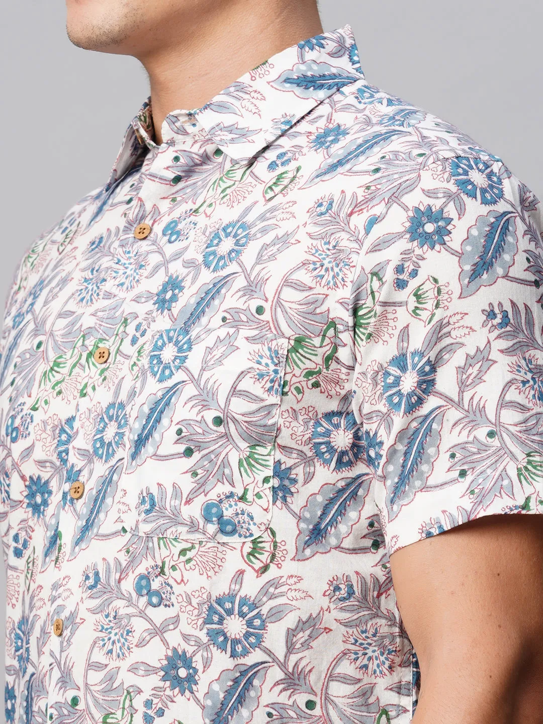 Men's Blue Cotton Regular Fit Printed Shirt