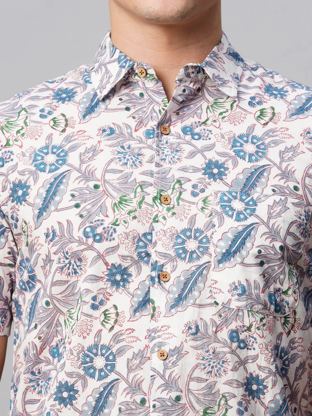 Men's Blue Cotton Regular Fit Printed Shirt