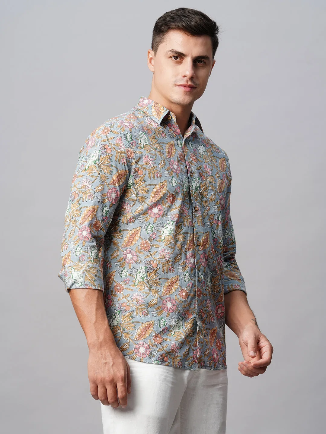 Men's Grey Cotton Regular Fit Printed Shirt