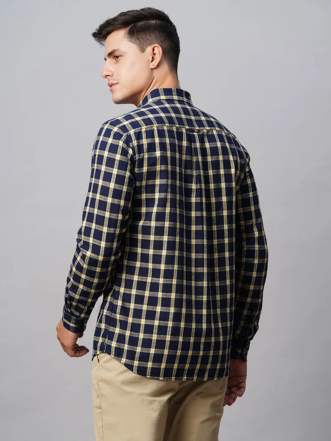 Men's Navy Cotton Regular Fit Checked Shirt