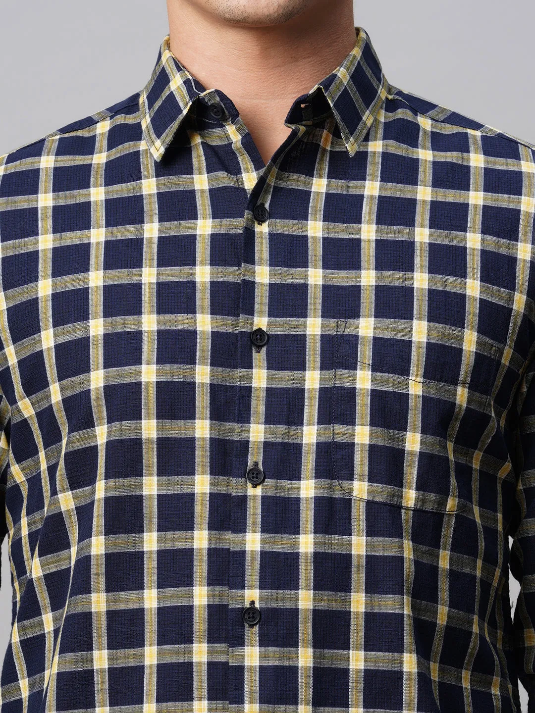 Men's Navy Cotton Regular Fit Checked Shirt