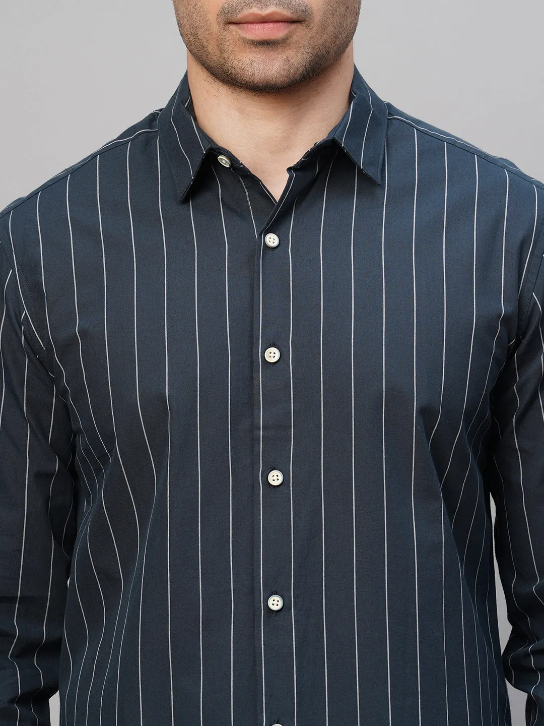 Men's Navy Cotton Slim Fit Striped Shirt