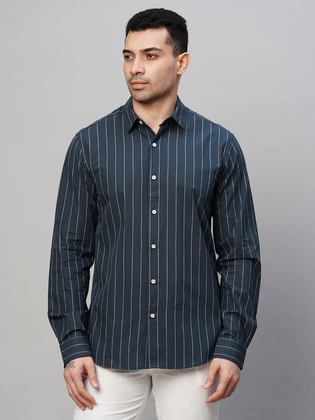 Men's Navy Cotton Slim Fit Striped Shirt