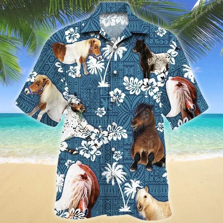 Miniature Horse Blue Tribal Pattern Hawaiian Shirt, Horse Hawaiian shirts, Horse aloha shirt for men, Hawaii shirt woman