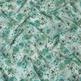 Mint Green Viscose Crepe Printed Fabric with Green Floral Design, 110 cm Width-D20464