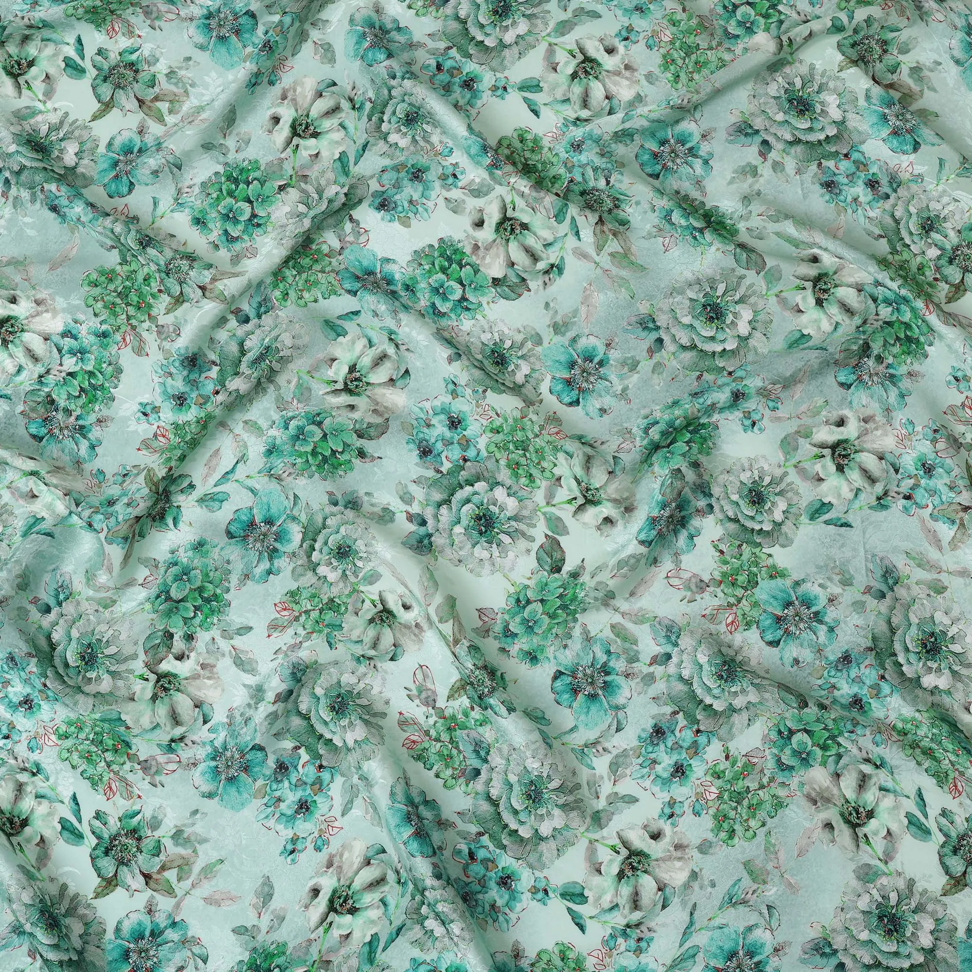 Mint Green Viscose Crepe Printed Fabric with Green Floral Design, 110 cm Width-D20464