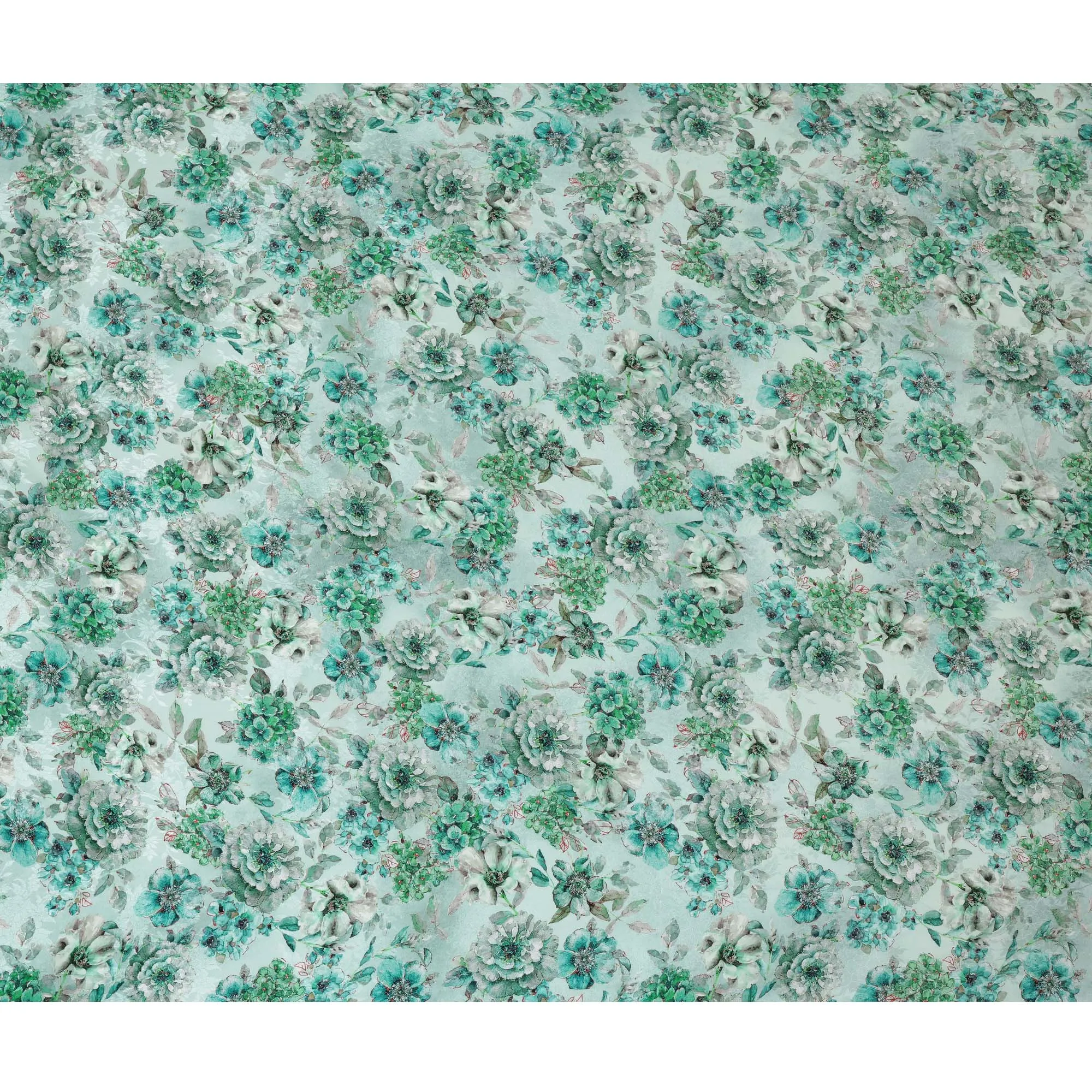 Mint Green Viscose Crepe Printed Fabric with Green Floral Design, 110 cm Width-D20464