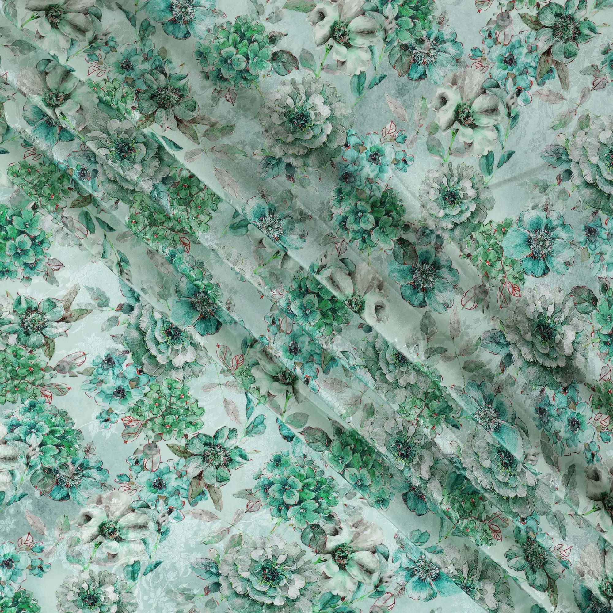 Mint Green Viscose Crepe Printed Fabric with Green Floral Design, 110 cm Width-D20464