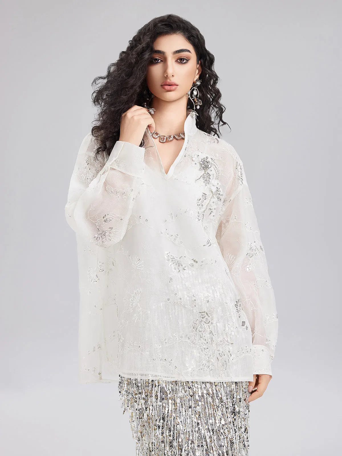 Modern Chinese Embroidered Stand Collar Top