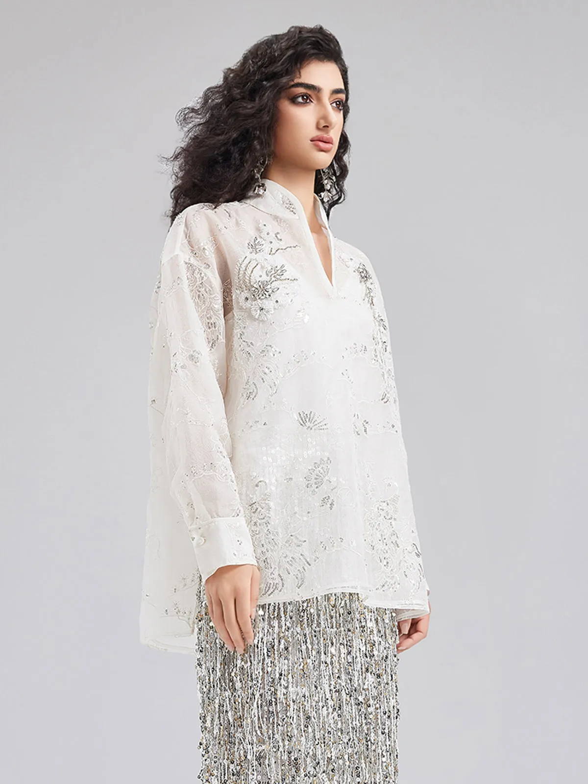 Modern Chinese Embroidered Stand Collar Top