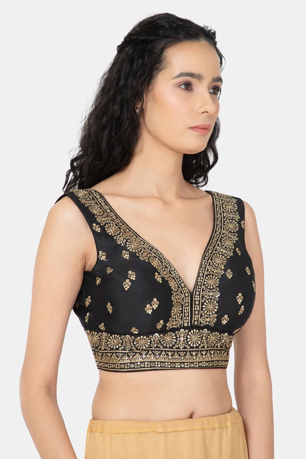 Naidu Hall Ethnic Saree Blouse with V-Neck Sleeveless - Black