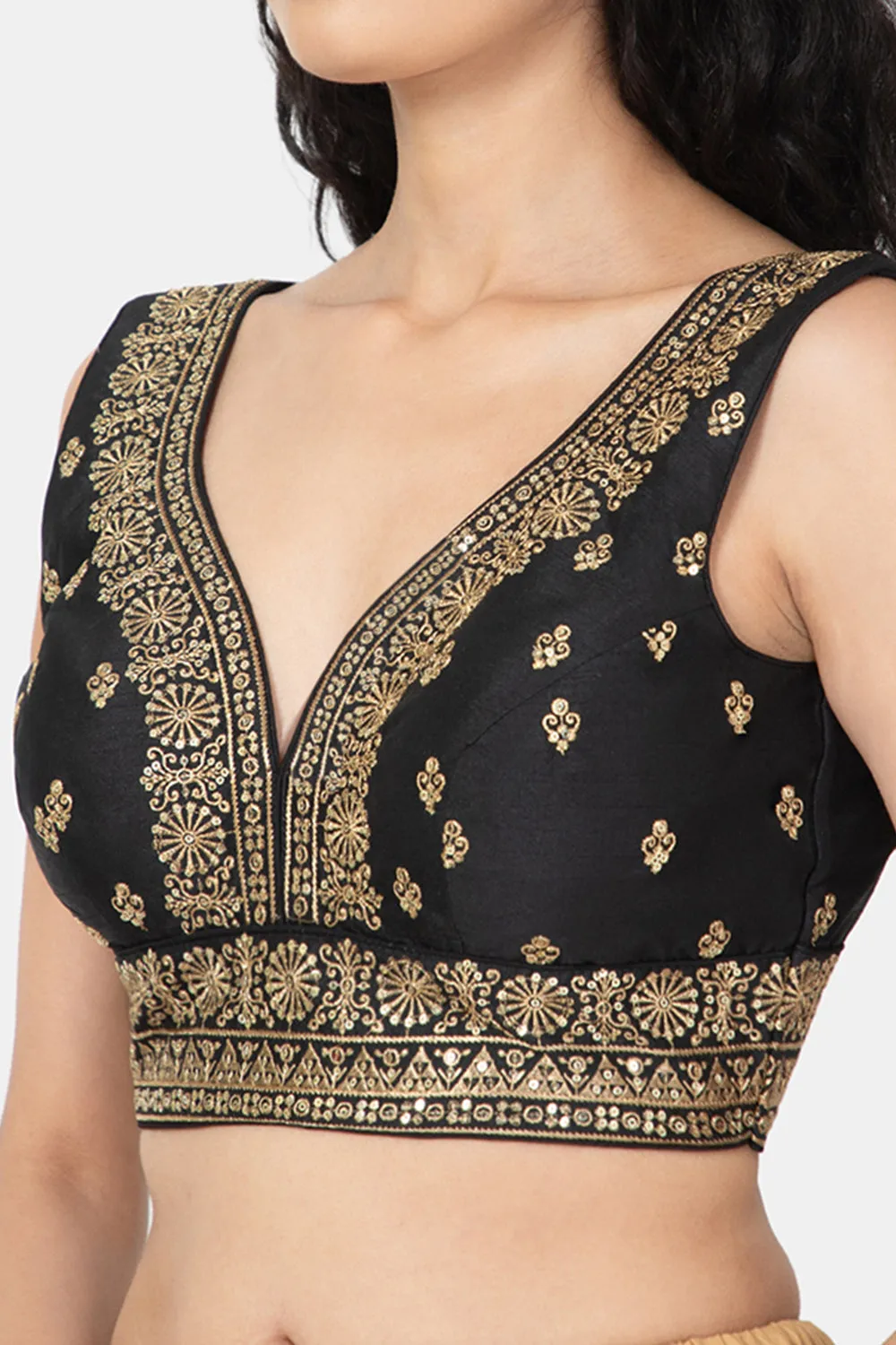 Naidu Hall Ethnic Saree Blouse with V-Neck Sleeveless - Black