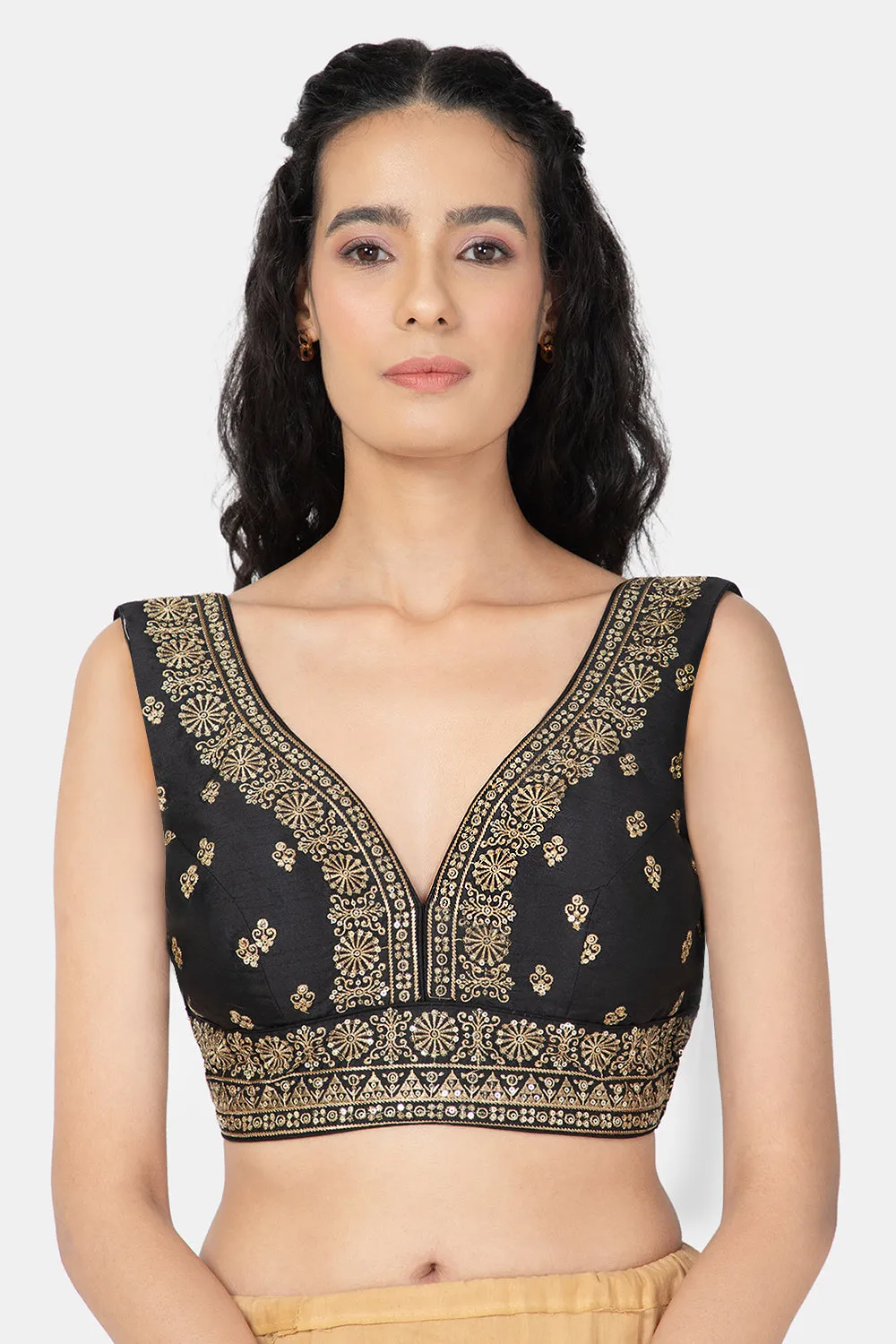 Naidu Hall Ethnic Saree Blouse with V-Neck Sleeveless - Black