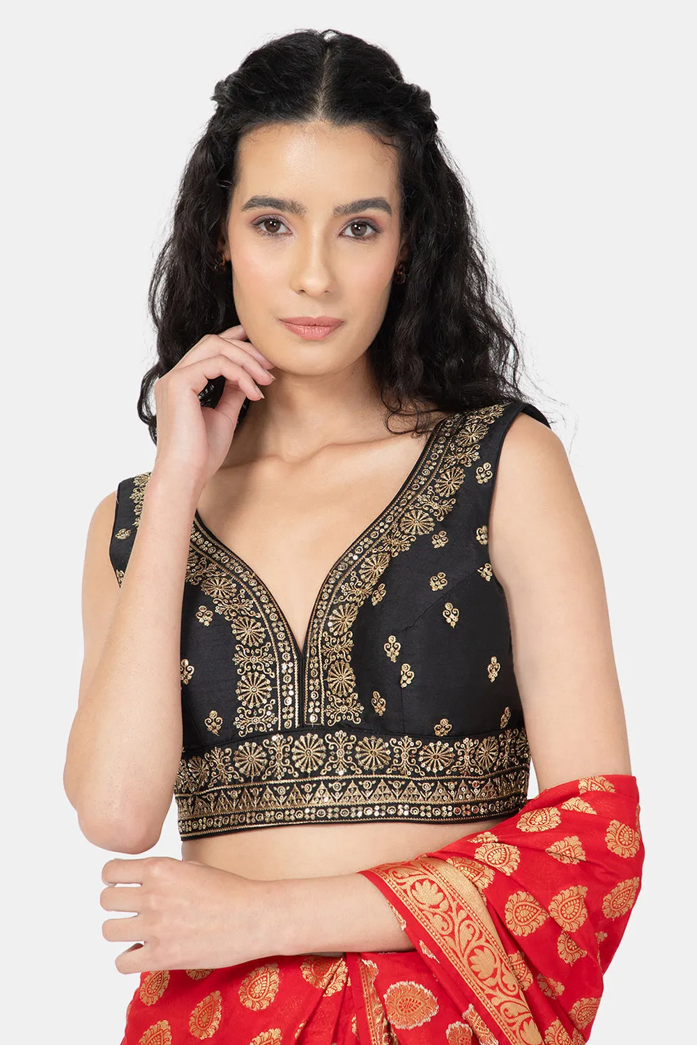 Naidu Hall Ethnic Saree Blouse with V-Neck Sleeveless - Black