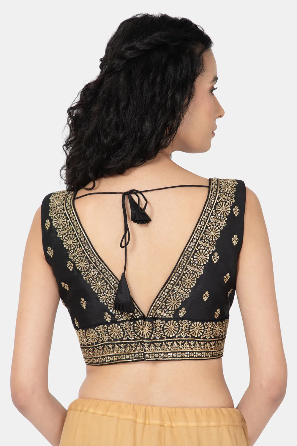 Naidu Hall Ethnic Saree Blouse with V-Neck Sleeveless - Black