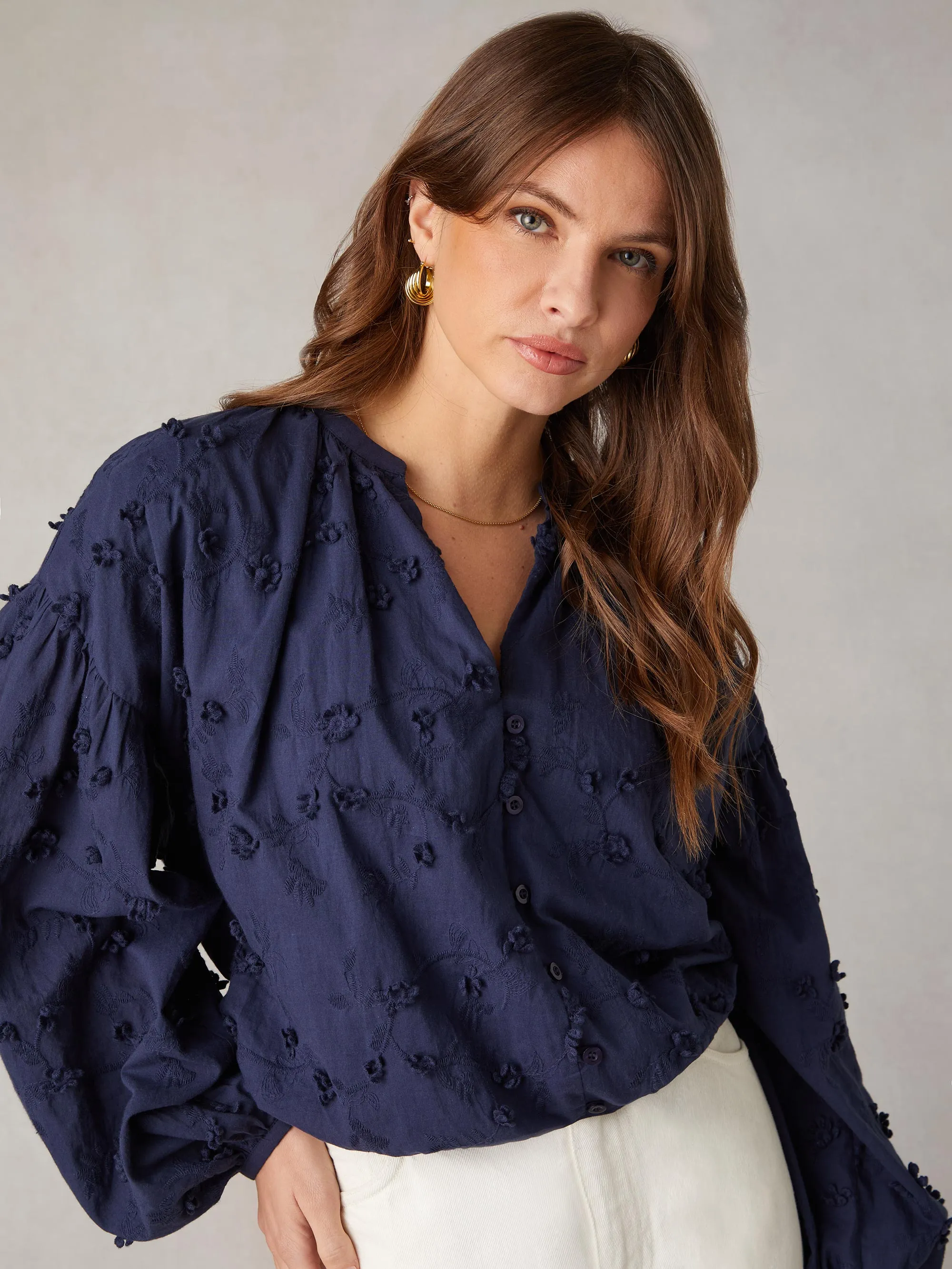 Navy Daisy Applique V-Neck Top