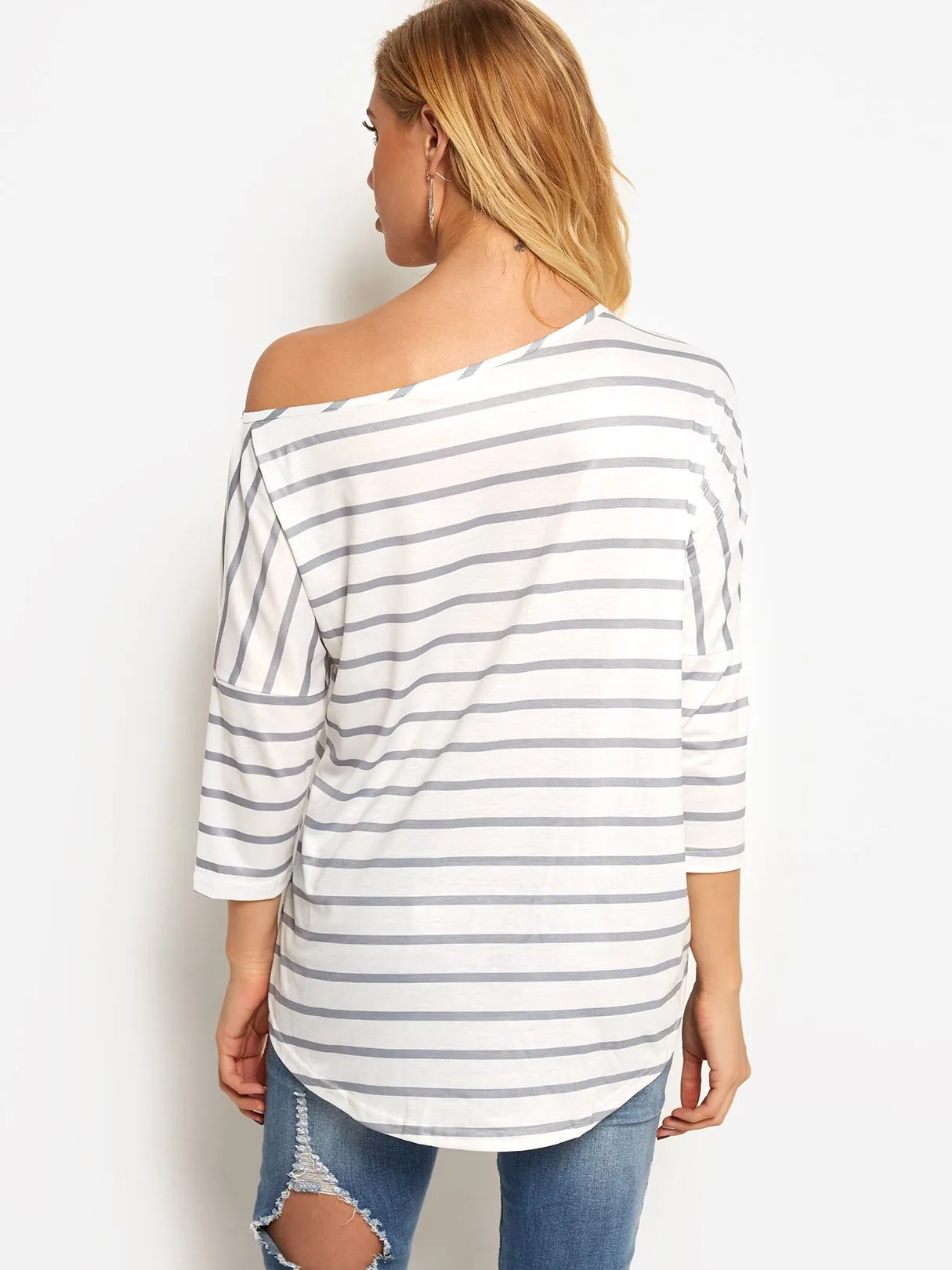 OEM ODM Asymmetrical One Shoulder Stripe Self-Tie Long Sleeve Curved Hem Blouses