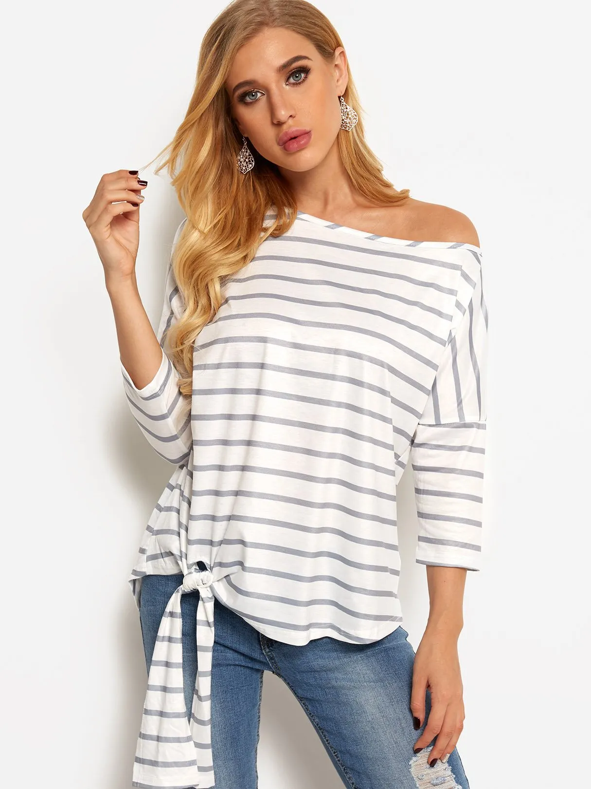 OEM ODM Asymmetrical One Shoulder Stripe Self-Tie Long Sleeve Curved Hem Blouses