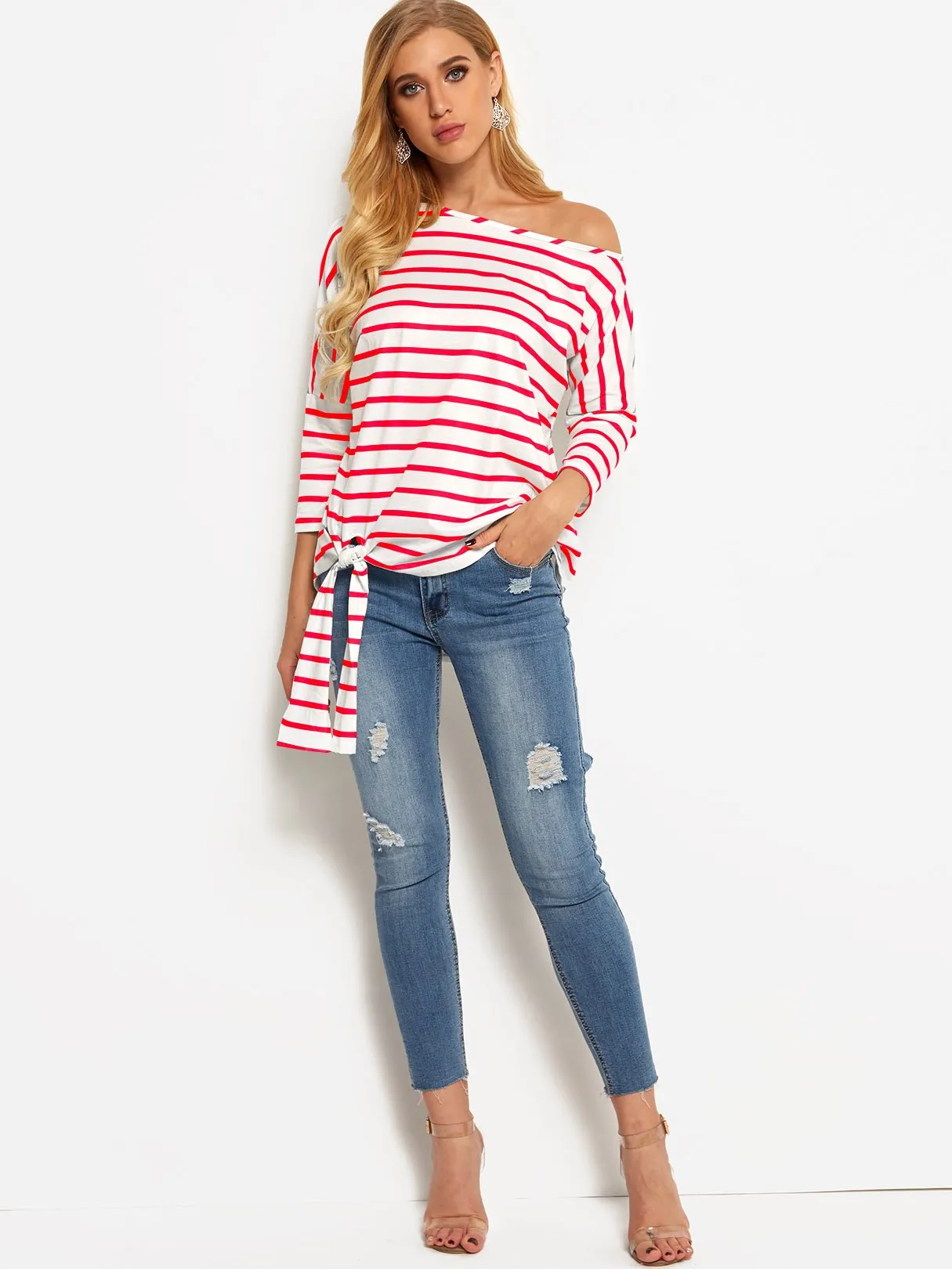 OEM ODM Asymmetrical One Shoulder Stripe Self-Tie Long Sleeve Curved Hem Blouses