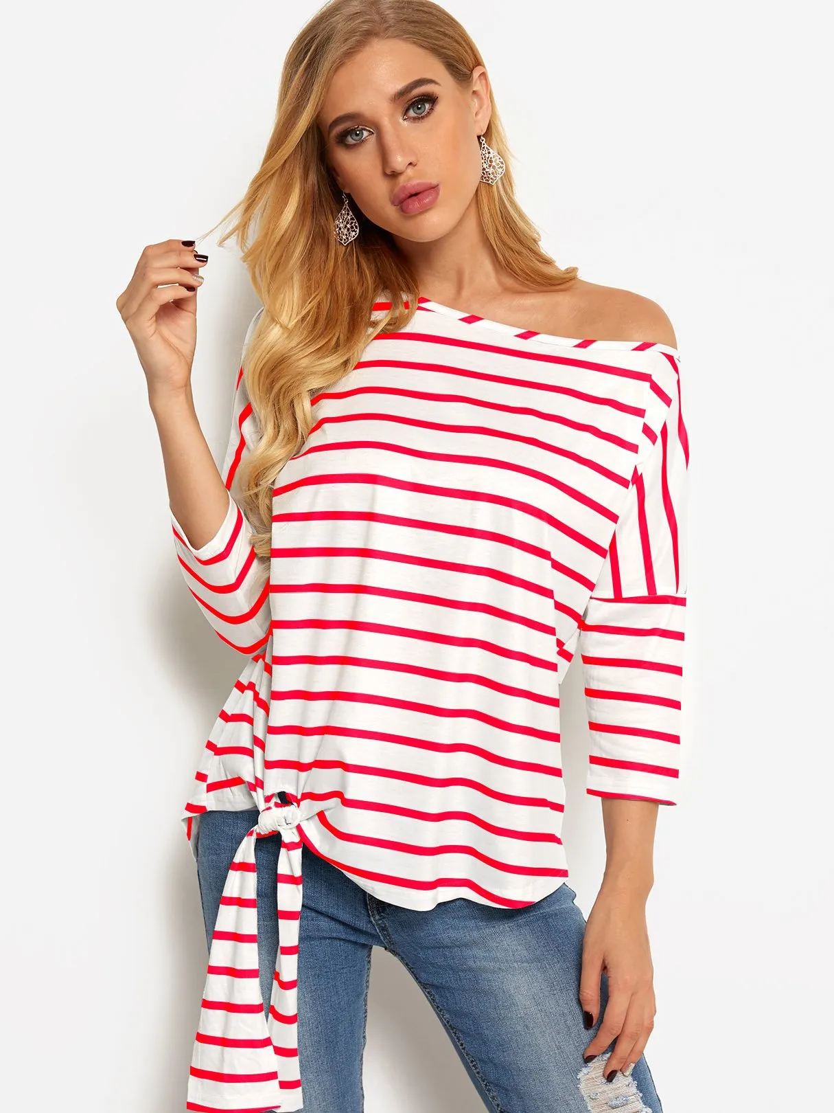 OEM ODM Asymmetrical One Shoulder Stripe Self-Tie Long Sleeve Curved Hem Blouses