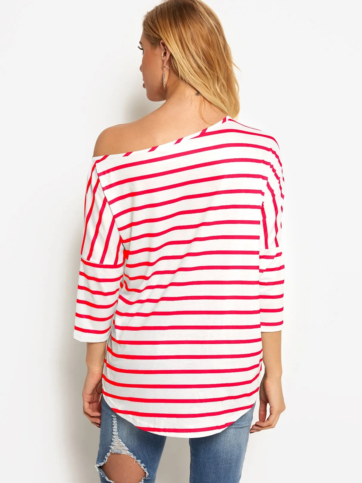 OEM ODM Asymmetrical One Shoulder Stripe Self-Tie Long Sleeve Curved Hem Blouses