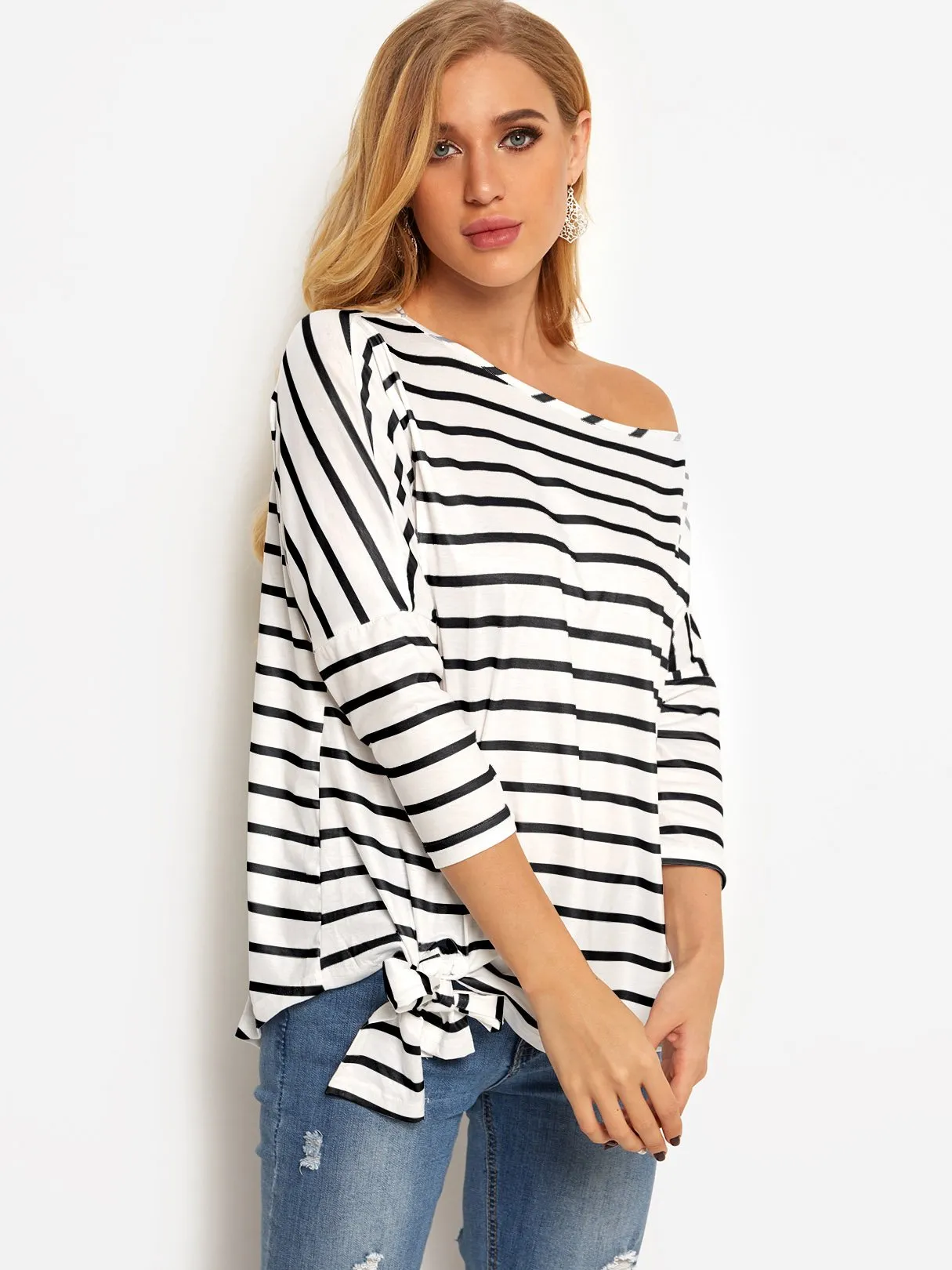 OEM ODM Asymmetrical One Shoulder Stripe Self-Tie Long Sleeve Curved Hem Blouses