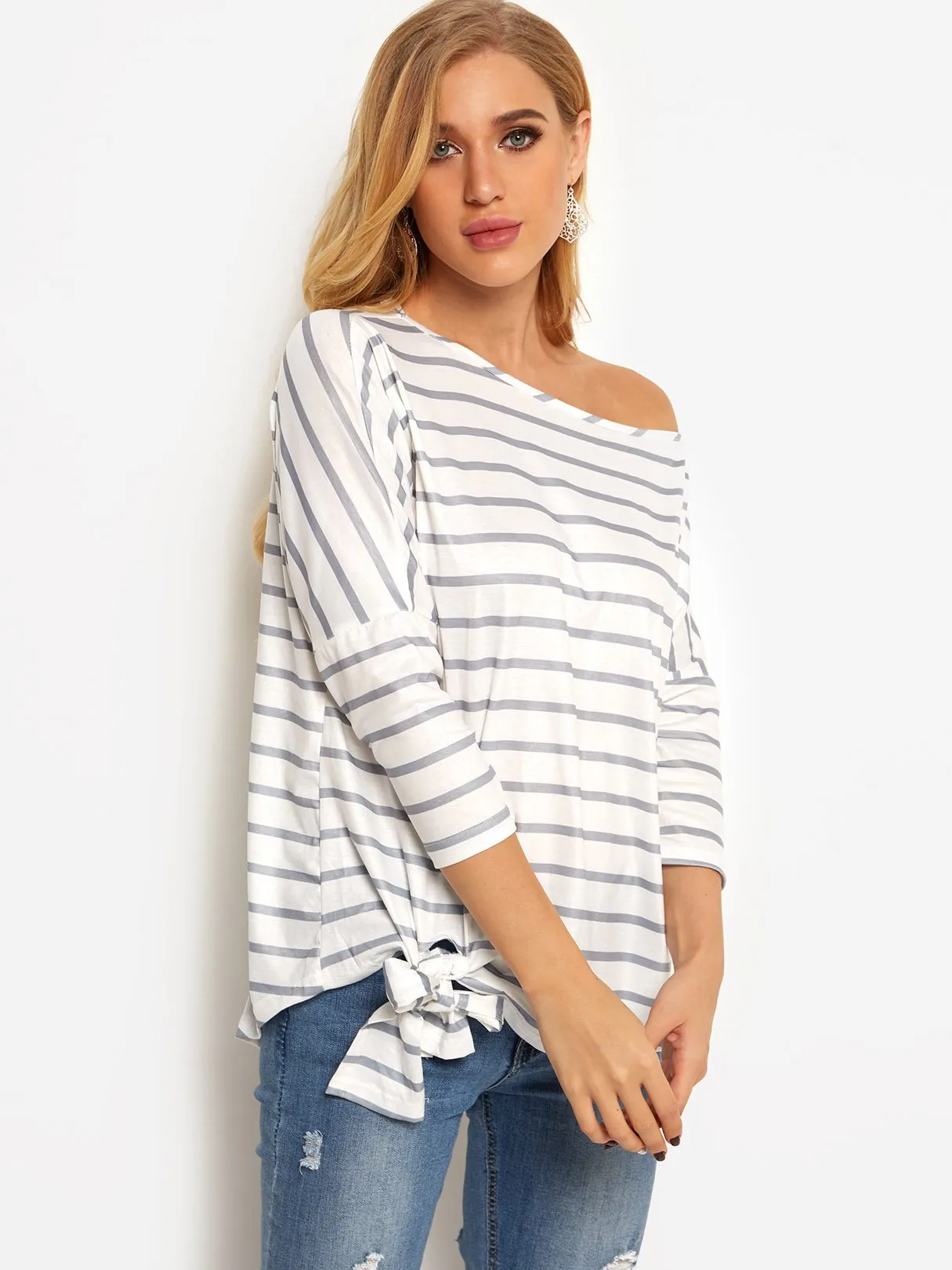 OEM ODM Asymmetrical One Shoulder Stripe Self-Tie Long Sleeve Curved Hem Blouses